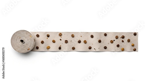 A rolled seed tape with evenly spaced seeds embedded in biodegradable paper for easy planting.