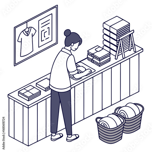 A woman working at a counter, folding clothes or textiles in a laundry or retail setting.