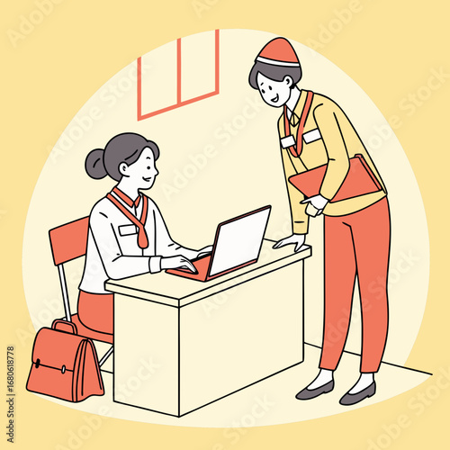 Illustration of two people in an office setting, one working at a desk and the other standing nearby.