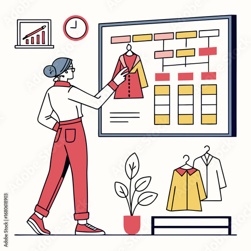 A fashion designer stands in front of a board, planning a new clothing collection with a flowchart.