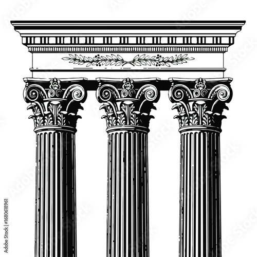 Three classical greek columns isolated on white background