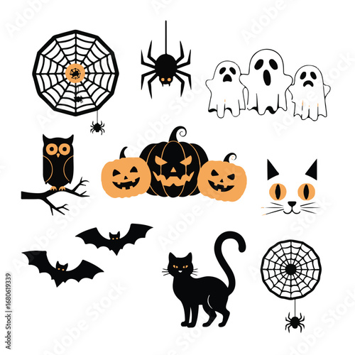 Collection of halloween icons including ghosts, bats, and pumpkins