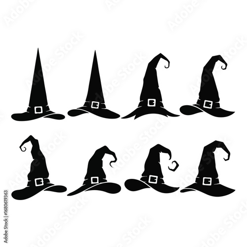 Collection of eight black witch hats with buckles isolated on white