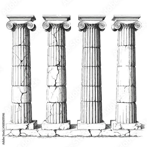 Row of ancient greek ionic columns with weathered stone, isolated on white background
