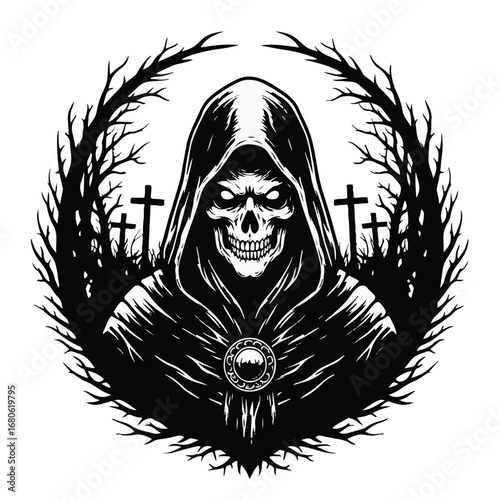 Grim reaper in a hooded cloak with a skull face, isolated on white background