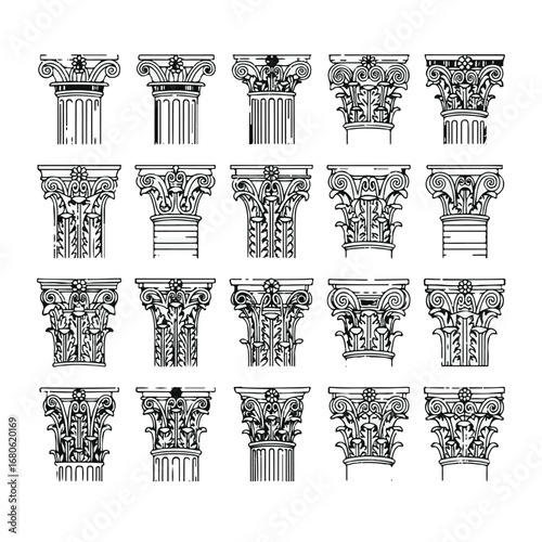 Collection of classical column capitals isolated on white