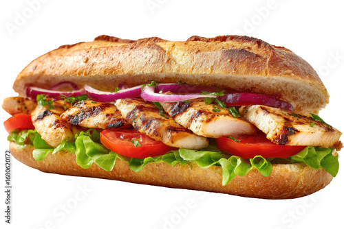 Grilled chicken sandwich on a long roll, topped with fresh vegetables