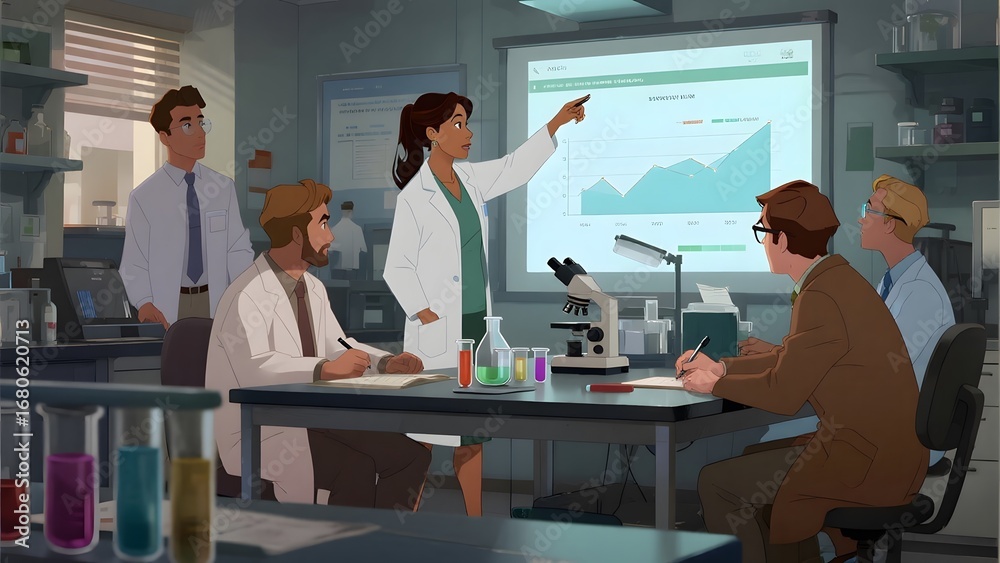 Obraz premium Scientists in a laboratory discussing data presented on a large screen