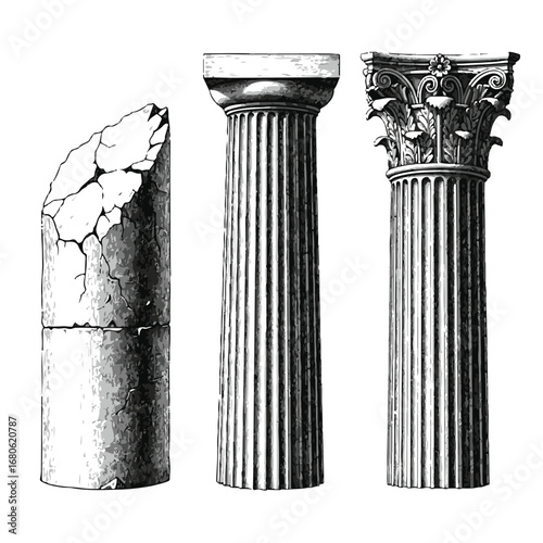 Three ancient greek column styles isolated on white background