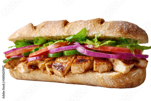 Grilled chicken sub with fresh veggies.  A long sub roll filled with grilled chicken breast,  layers of lettuce, tomato, red onion, and sliced jalape?os