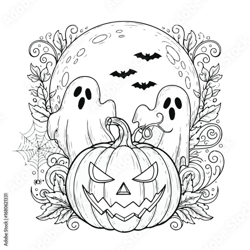 Halloween coloring page with pumpkin, ghosts, bats and moon