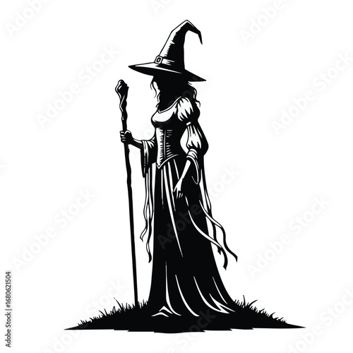 Silhouette of a witch with a staff and hat, isolated on white background