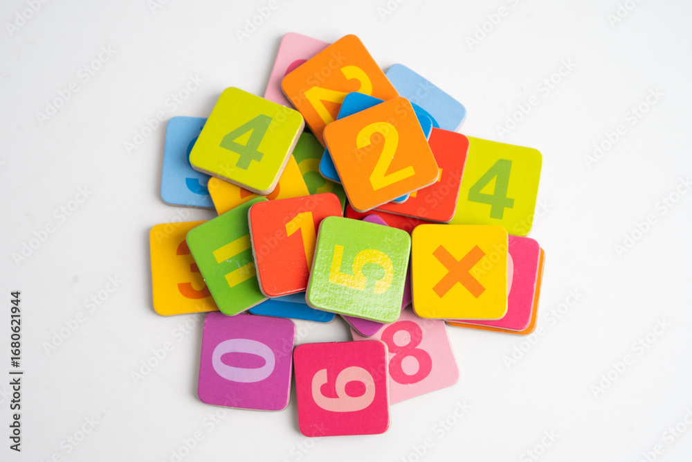 Obraz premium Number wood block cubes for learning Mathematic, education math.