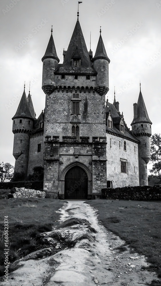 Fototapeta premium A grand, imposing stone castle stands sentinel, its weathered towers piercing a somber sky.