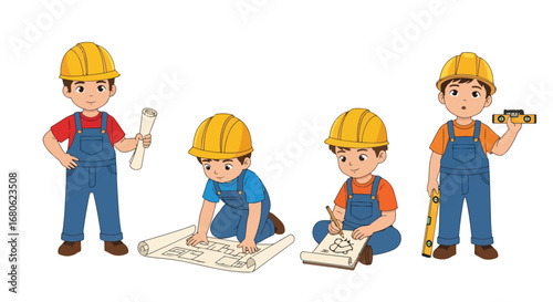 Set of cartoon illustrations of kids dressed as architects and engineers with helmets, blueprints, and measuring tools, symbolizing construction, building design, teamwork, creativity, and education