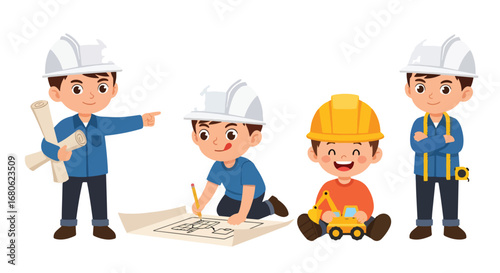 Set of cartoon illustrations of kids dressed as architects and engineers with helmets, blueprints, and measuring tools, symbolizing construction, building design, teamwork, creativity, and education