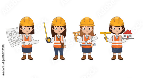Set of cartoon illustrations of kids dressed as architects and engineers with helmets, blueprints, and measuring tools, symbolizing construction, building design, teamwork, creativity, and education