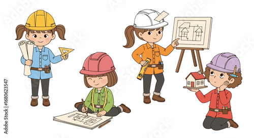 Set of cartoon illustrations of kids dressed as architects and engineers with helmets, blueprints, and measuring tools, symbolizing construction, building design, teamwork, creativity, and education