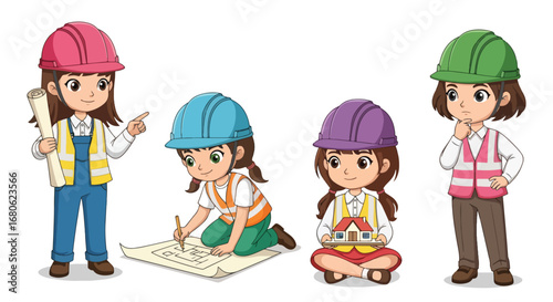 Set of cartoon illustrations of kids dressed as architects and engineers with helmets, blueprints, and measuring tools, symbolizing construction, building design, teamwork, creativity, and education