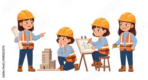 Set of cartoon illustrations of kids dressed as architects and engineers with helmets, blueprints, and measuring tools, symbolizing construction, building design, teamwork, creativity, and education