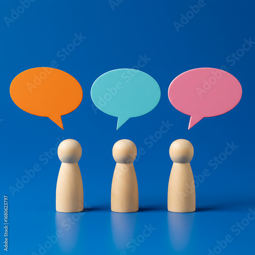 Three wooden figures stand beneath vibrant speech bubbles against a blue backdrop, symbolizing collaborative discussions and communication, ideas