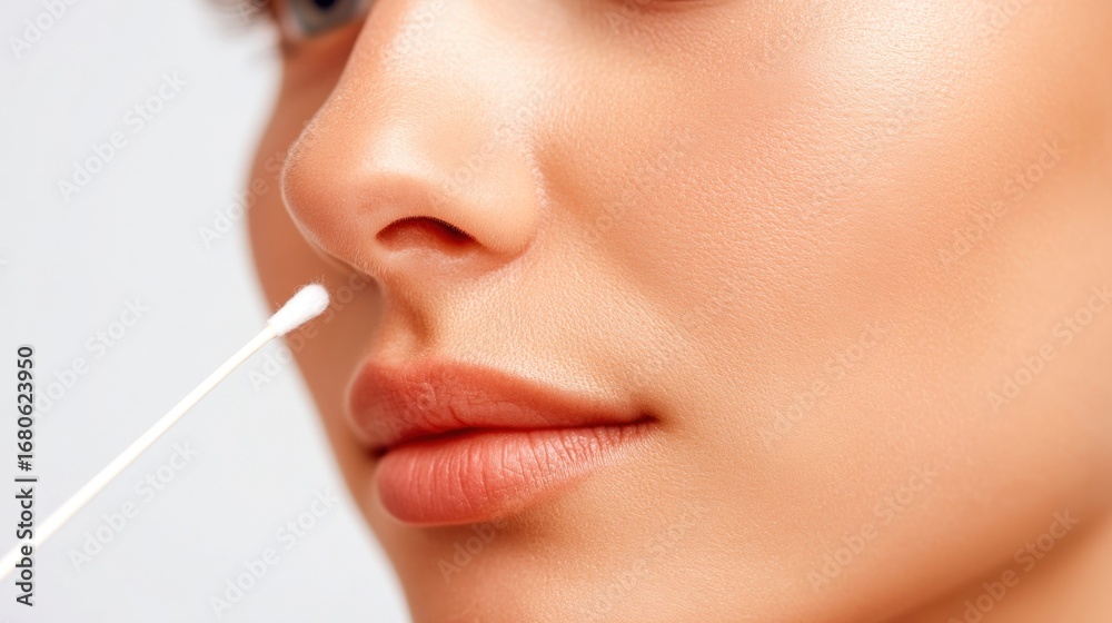 Naklejka premium A woman's face during a nasal swab test, highlighting the process of medical diagnosis.