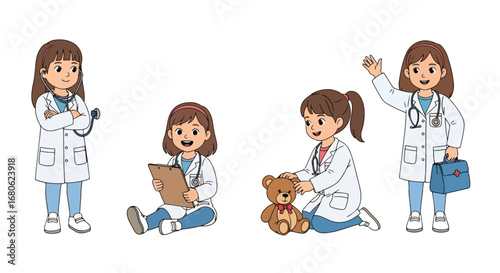 Set of cartoon illustrations of kids dressed as doctors in medical uniforms with stethoscope, clipboard, and lab coat, symbolizing healthcare, medicine, teamwork, and education for career role play