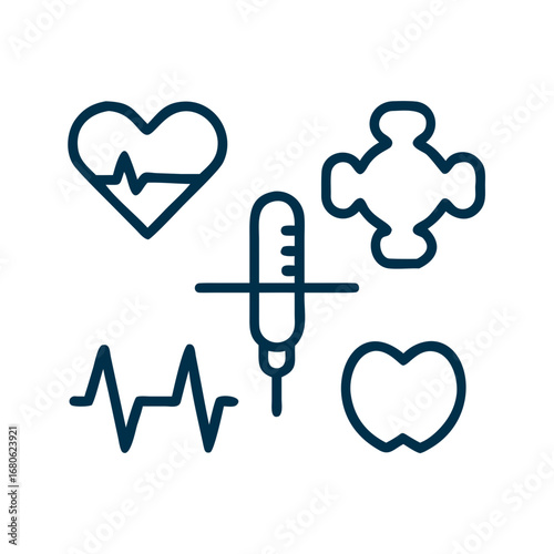 Universal medical icons. Cross (medicine), heartbeat, pill, syringe, stethoscope, first aid kit, drop of blood, tooth (dentistry), bone (orthopedics), cardiogram.