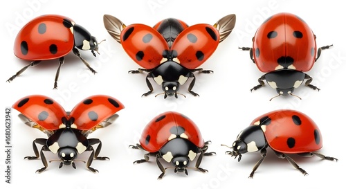 Six ladybugs are displayed on a white background, showcasing different angles and positions, some with wings extended.