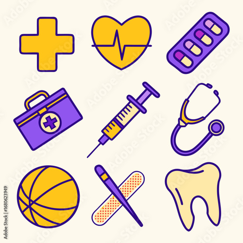 Universal medical icons. Cross (medicine), heartbeat, pill, syringe, stethoscope, first aid kit, drop of blood, tooth (dentistry), bone (orthopedics), cardiogram.