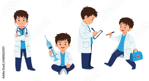 Set of cartoon illustrations of kids dressed as doctors in medical uniforms with stethoscope, clipboard, and lab coat, symbolizing healthcare, medicine, teamwork, and education for career role play