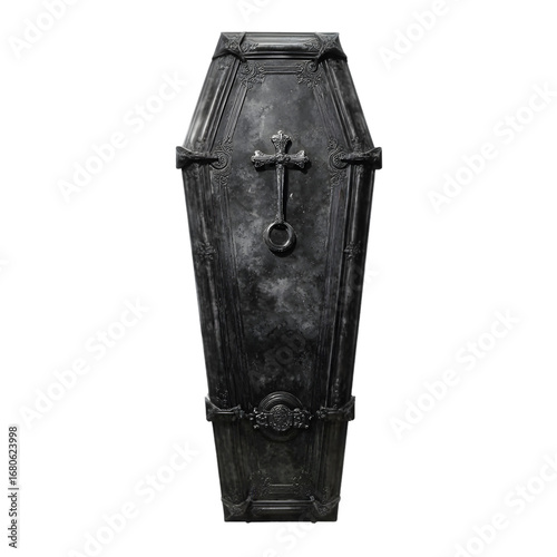 A dark, ornate coffin with a cross on the lid, isolated on a transparent background, evoking themes of death, mystery, and the macabre, perfect for halloween or gothic imagery