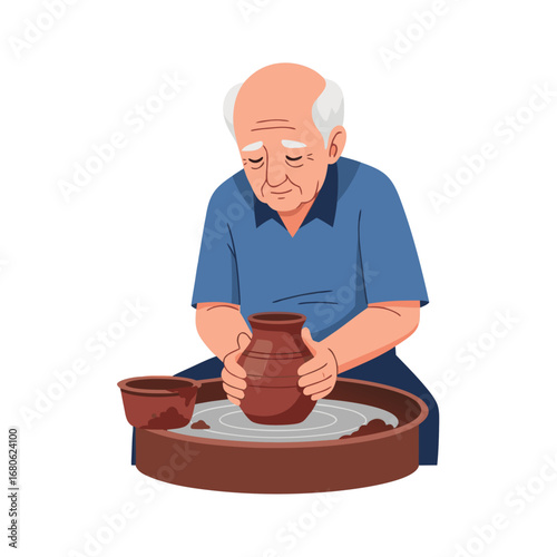 Elderly man shaping pottery on wheel in studio environment  