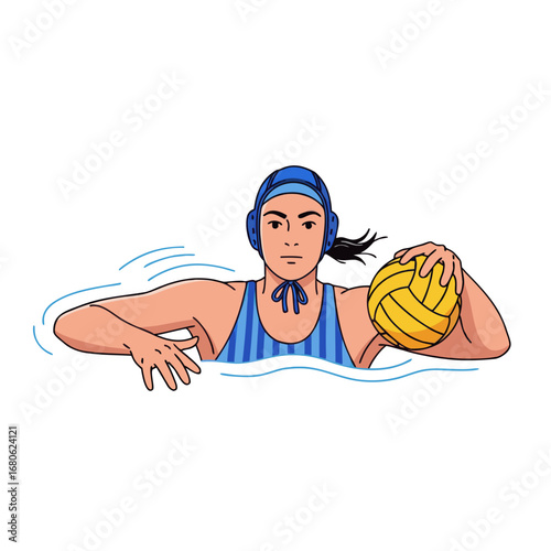 Female water polo player swimming and preparing to pass ball  