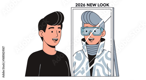 Young man admiring futuristic outfit reflection in cracked mirror  