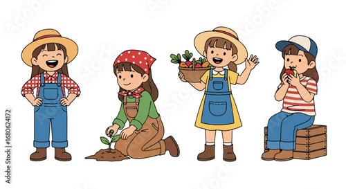 Set of cartoon illustrations of kids dressed as farmers in hats and overalls holding bucket, shovel, and drinks, symbolizing agriculture, farming lifestyle, teamwork, and education about food