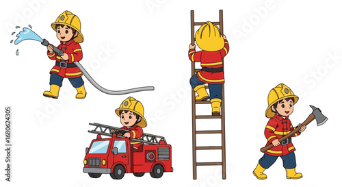 Set of cartoon illustrations of kids dressed as firefighters in uniforms holding hose, axe, and helmet, symbolizing fire safety, rescue teamwork, emergency service, and career role play for education