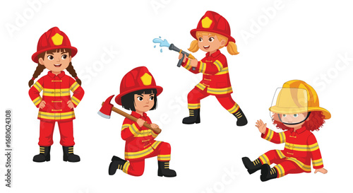 Set of cartoon illustrations of kids dressed as firefighters in uniforms holding hose, axe, and helmet, symbolizing fire safety, rescue teamwork, emergency service, and career role play for education