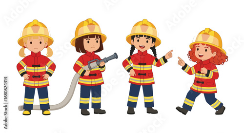 Set of cartoon illustrations of kids dressed as firefighters in uniforms holding hose, axe, and helmet, symbolizing fire safety, rescue teamwork, emergency service, and career role play for education