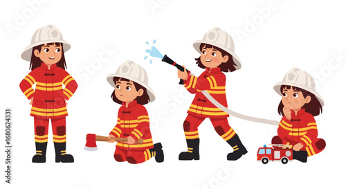 Set of cartoon illustrations of kids dressed as firefighters in uniforms holding hose, axe, and helmet, symbolizing fire safety, rescue teamwork, emergency service, and career role play for education