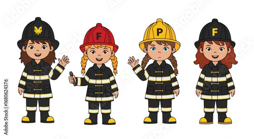 Set of cartoon illustrations of kids dressed as firefighters in uniforms holding hose, axe, and helmet, symbolizing fire safety, rescue teamwork, emergency service, and career role play for education