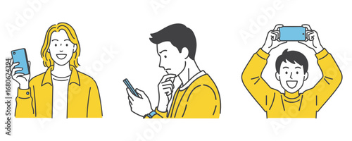 Cartoon style vector illustration set of men using smartphones with different expressions, including smiling confidently, thinking seriously while texting, and happily celebrating while holding phone 