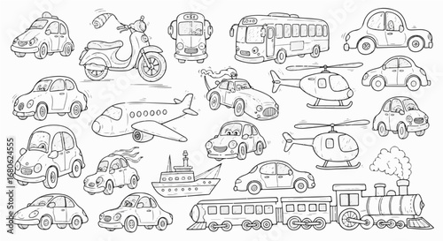 Vector icon set of black and white vehicles including cars, buses, trucks, motorcycles, bicycles, airplanes, ships, and trains