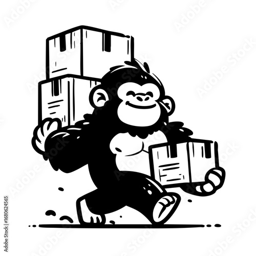 Strong Gorilla Mascot Carrying Boxes