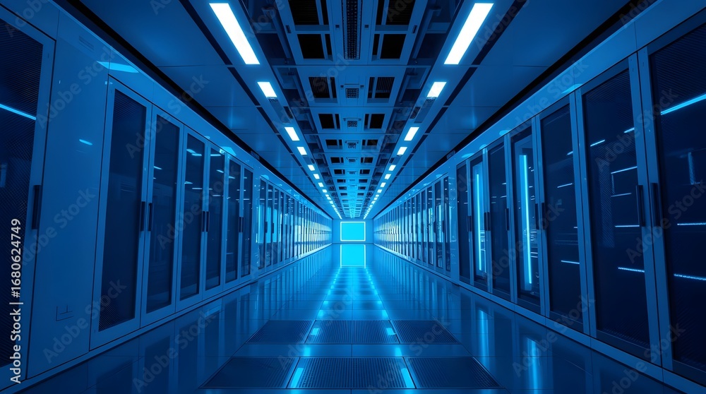 Fototapeta premium Futuristic Data Center Corridor with Endless Server Depth