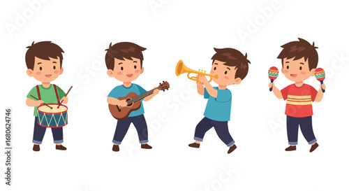 Set of cartoon illustrations of kids performing as musicians. symbolizing music education, creativity, performance, and teamwork