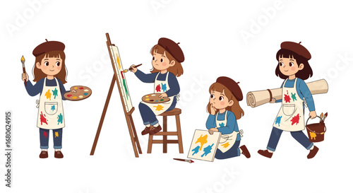 Set of cartoon illustrations of kids dressed as artists painting with brushes, palettes, and easel, symbolizing creativity, art education, imagination, and artistic expression for learning