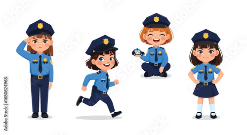 Set of cartoon illustrations of kids dressed as police officers in uniforms saluting, investigating with magnifier, chasing, and driving toy police car, symbolizing law enforcement, safety