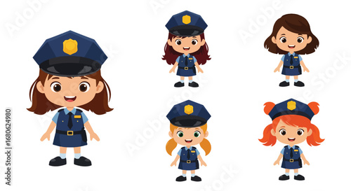 Set of cartoon illustrations of kids dressed as police officers in uniforms saluting, investigating with magnifier, chasing, and driving toy police car, symbolizing law enforcement, safety