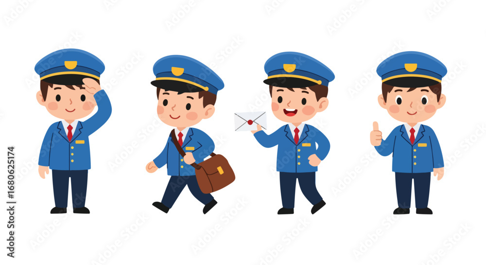 Set of cartoon illustrations of kids dressed as mail carriers in professional uniforms delivering letters and packages, riding bicycle, and saluting, symbolizing postal service, delivery, and teamwork Set of cartoon illustrations of kids dressed as mail carriers in professional uniforms delivering letters and packages, riding bicycle, and saluting, symbolizing postal service, delivery, and teamwork
